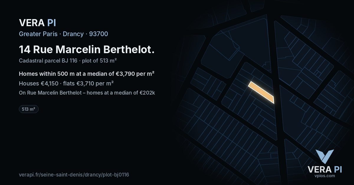 14 Rue Marcelin Berthelot, Drancy at night – the plot lit, the parcels around coloured by the prices near them