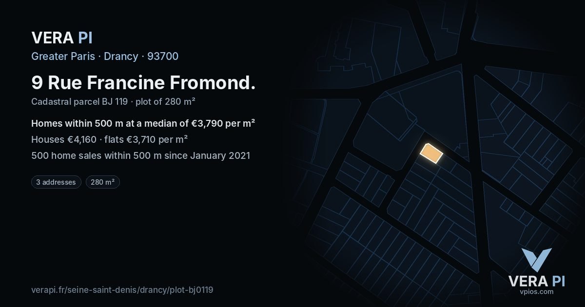 9 Rue Francine Fromond, Drancy at night – the plot lit, the parcels around coloured by the prices near them