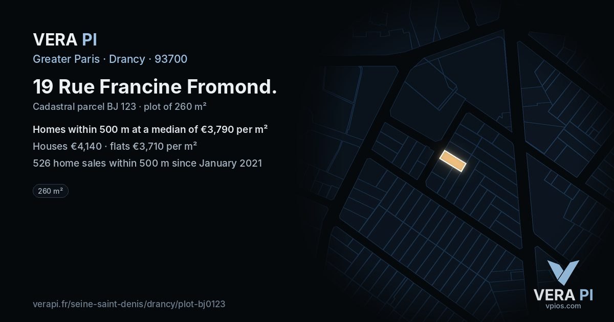 19 Rue Francine Fromond, Drancy at night – the plot lit, the parcels around coloured by the prices near them