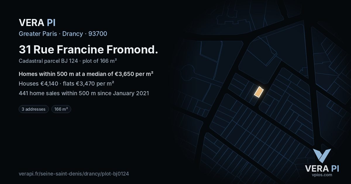 31 Rue Francine Fromond, Drancy at night – the plot lit, the parcels around coloured by the prices near them