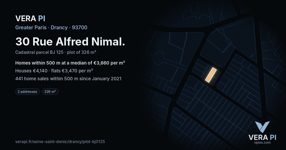 30 Rue Alfred Nimal, Drancy at night – the plot lit, the parcels around coloured by the prices near them