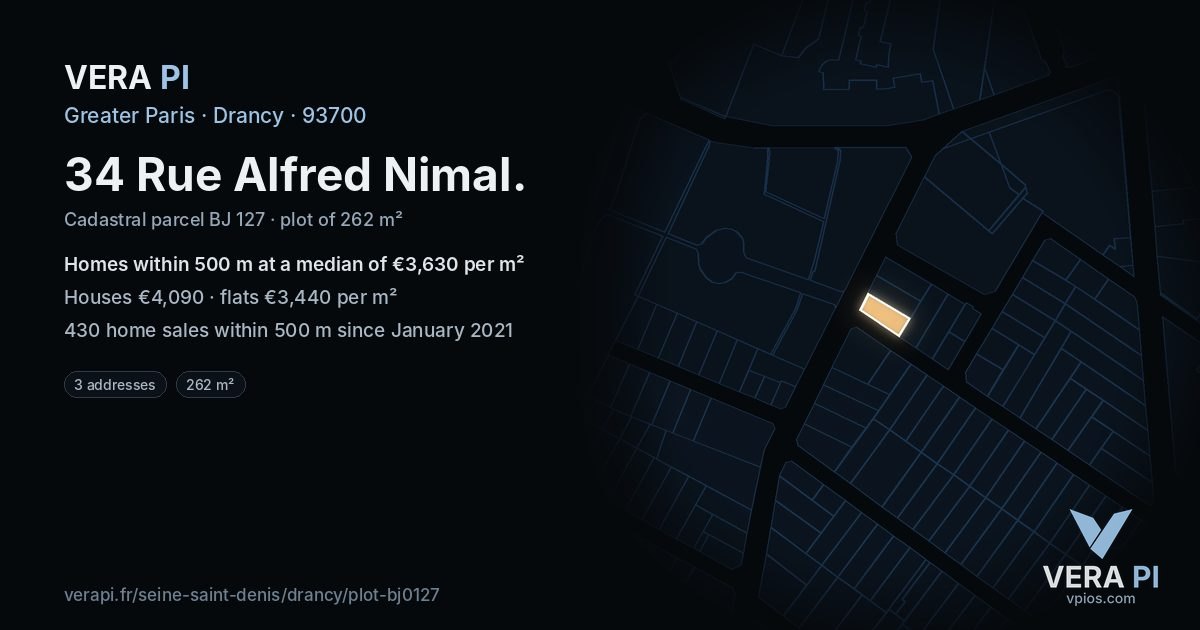 34 Rue Alfred Nimal, Drancy at night – the plot lit, the parcels around coloured by the prices near them