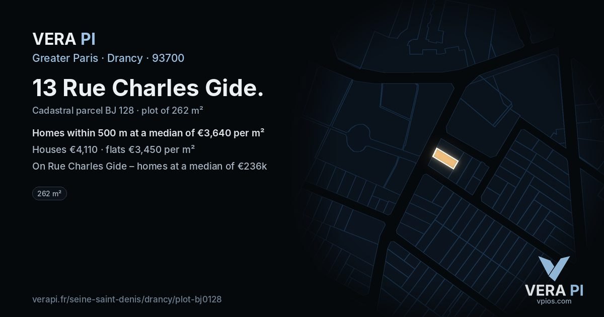 13 Rue Charles Gide, Drancy at night – the plot lit, the parcels around coloured by the prices near them