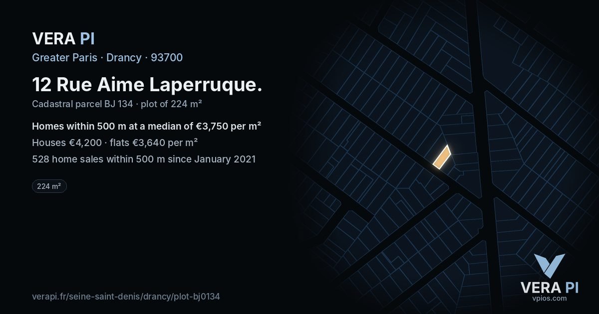 12 Rue Aime Laperruque, Drancy at night – the plot lit, the parcels around coloured by the prices near them