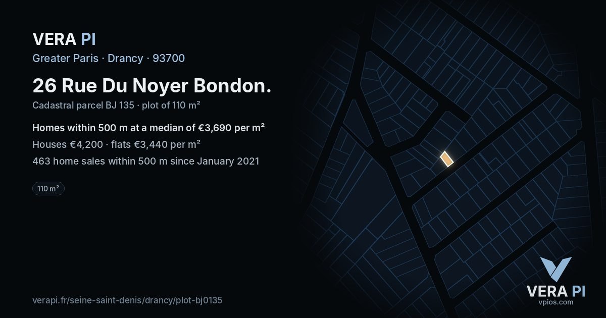 26 Rue Du Noyer Bondon, Drancy at night – the plot lit, the parcels around coloured by the prices near them