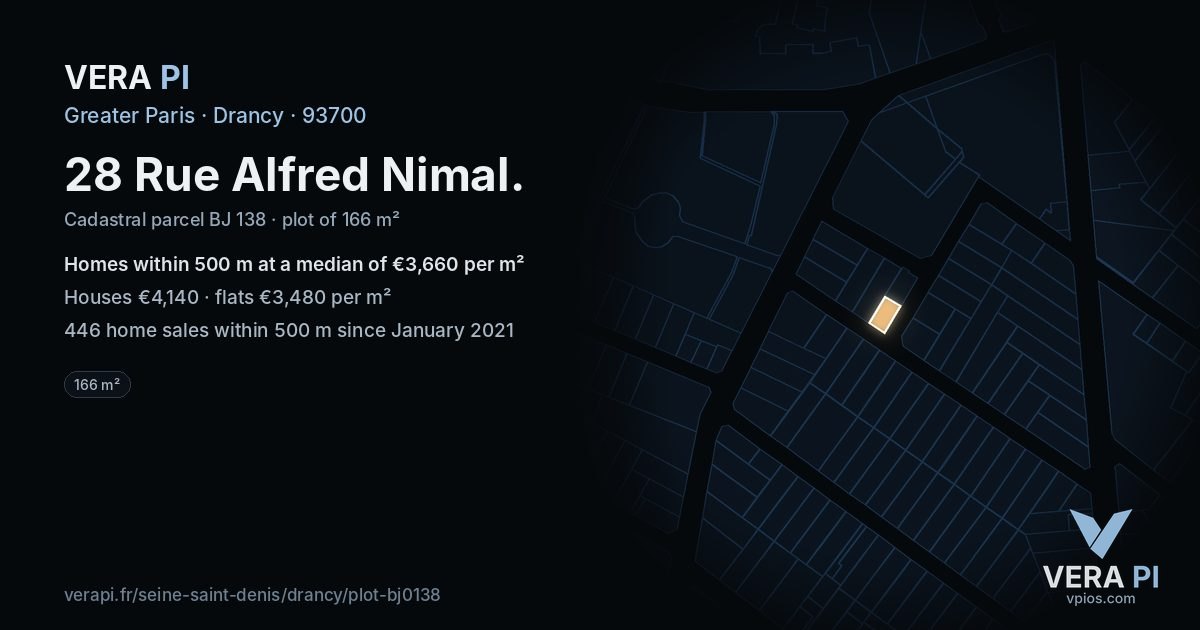 28 Rue Alfred Nimal, Drancy at night – the plot lit, the parcels around coloured by the prices near them