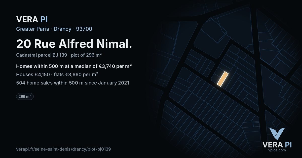 20 Rue Alfred Nimal, Drancy at night – the plot lit, the parcels around coloured by the prices near them