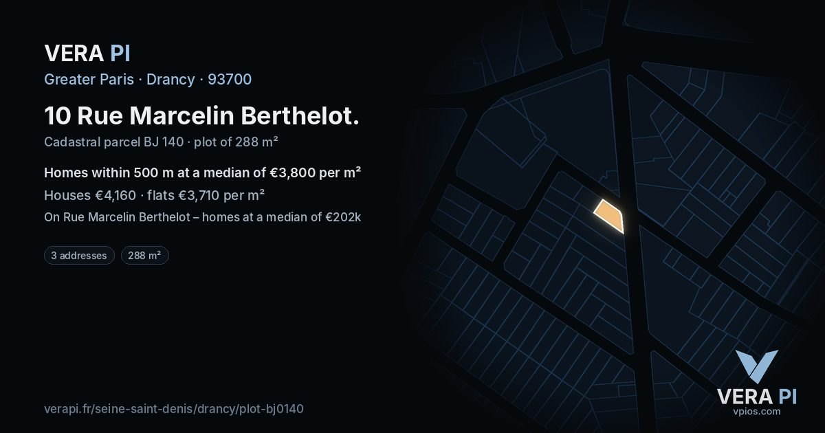 10 Rue Marcelin Berthelot, Drancy at night – the plot lit, the parcels around coloured by the prices near them