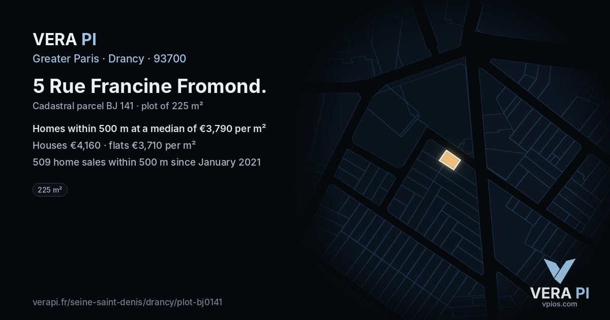 5 Rue Francine Fromond, Drancy at night – the plot lit, the parcels around coloured by the prices near them