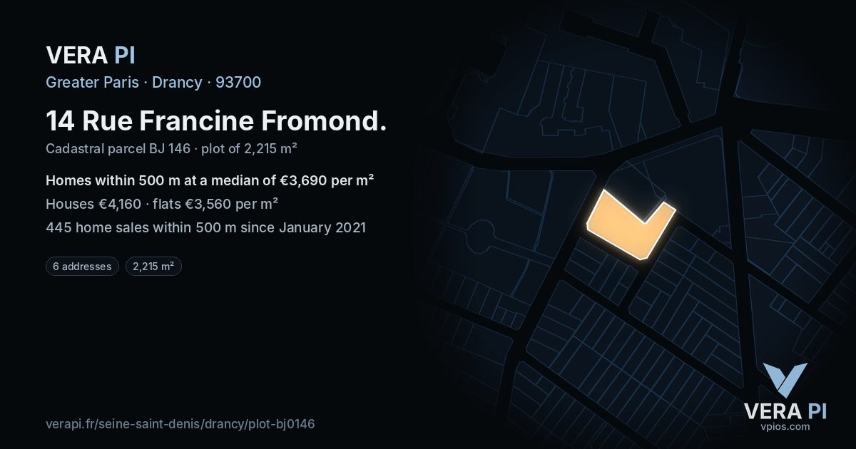 14 Rue Francine Fromond, Drancy at night – the plot lit, the parcels around coloured by the prices near them