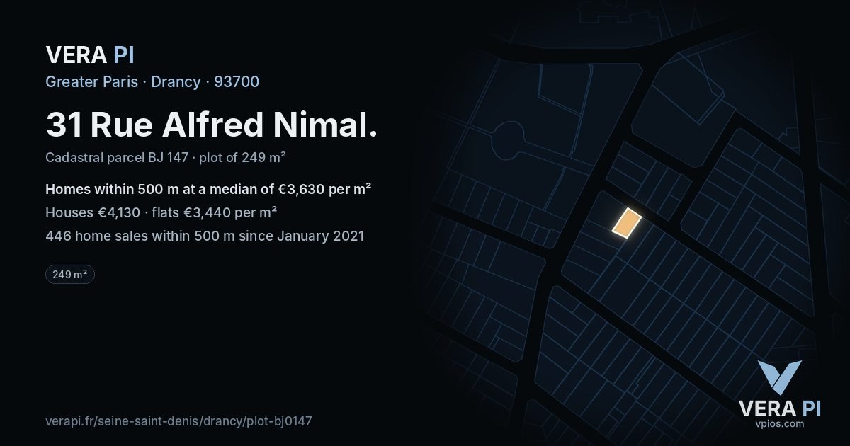 31 Rue Alfred Nimal, Drancy at night – the plot lit, the parcels around coloured by the prices near them