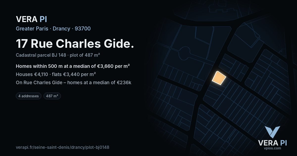 17 Rue Charles Gide, Drancy at night – the plot lit, the parcels around coloured by the prices near them