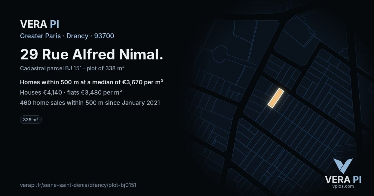29 Rue Alfred Nimal, Drancy at night – the plot lit, the parcels around coloured by the prices near them