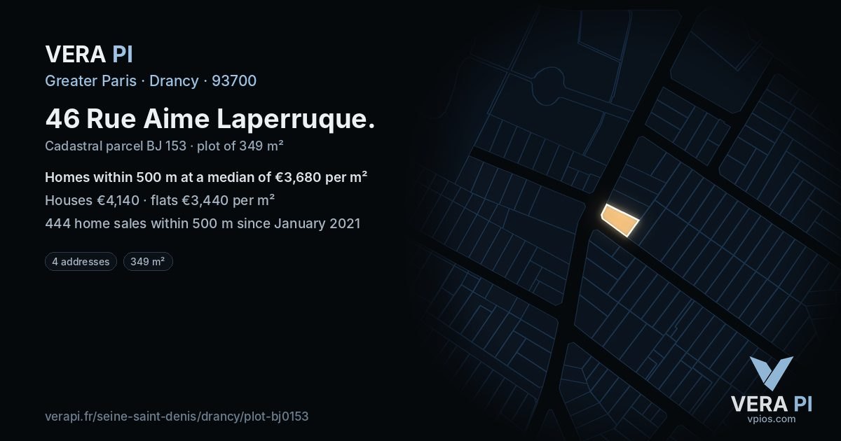 46 Rue Aime Laperruque, Drancy at night – the plot lit, the parcels around coloured by the prices near them