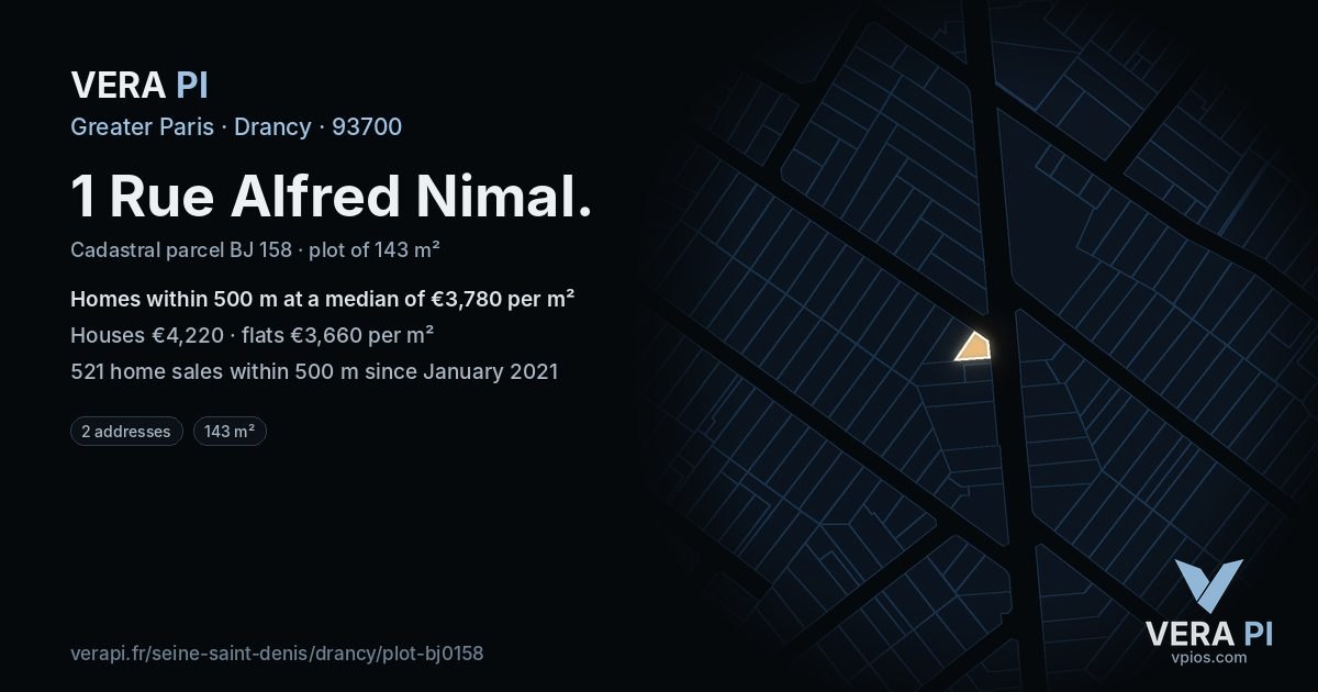 1 Rue Alfred Nimal, Drancy at night – the plot lit, the parcels around coloured by the prices near them