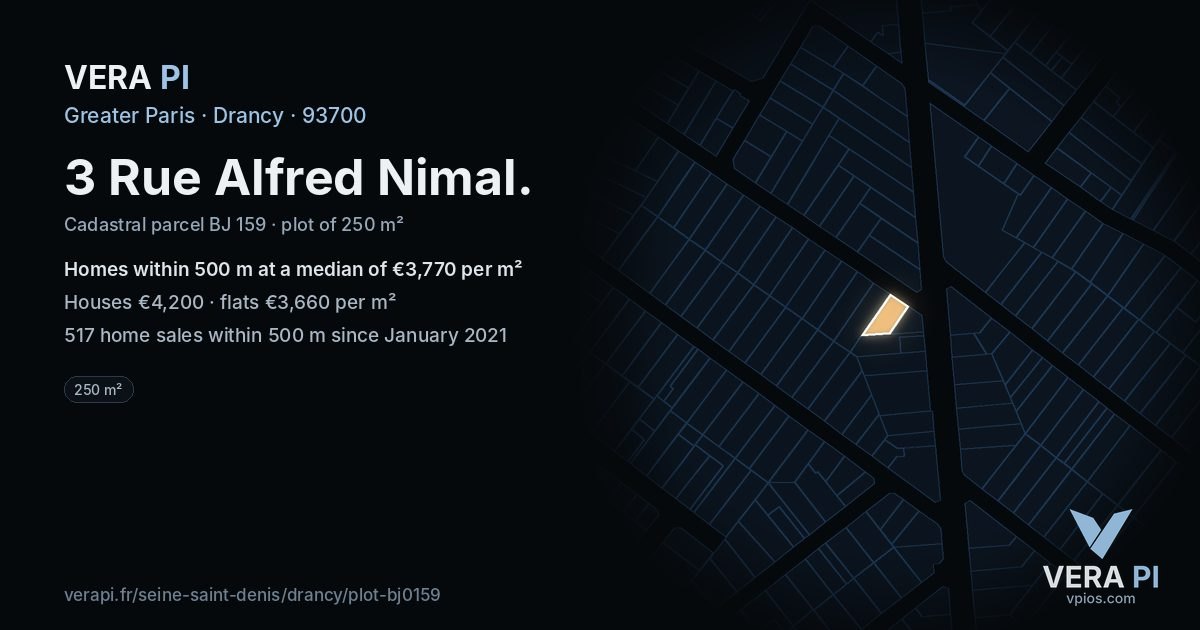 3 Rue Alfred Nimal, Drancy at night – the plot lit, the parcels around coloured by the prices near them