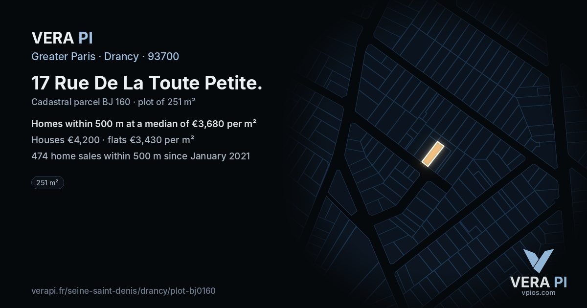17 Rue De La Toute Petite, Drancy at night – the plot lit, the parcels around coloured by the prices near them