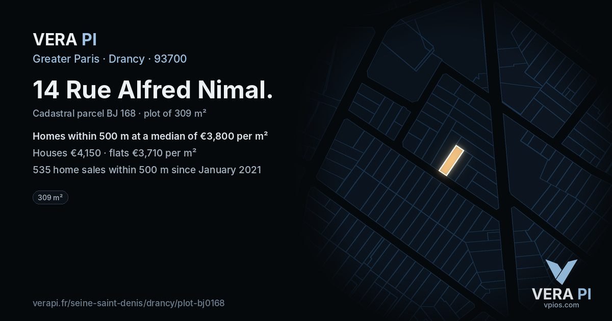 14 Rue Alfred Nimal, Drancy at night – the plot lit, the parcels around coloured by the prices near them