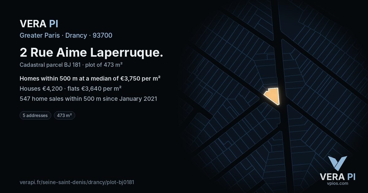 2 Rue Aime Laperruque, Drancy at night – the plot lit, the parcels around coloured by the prices near them