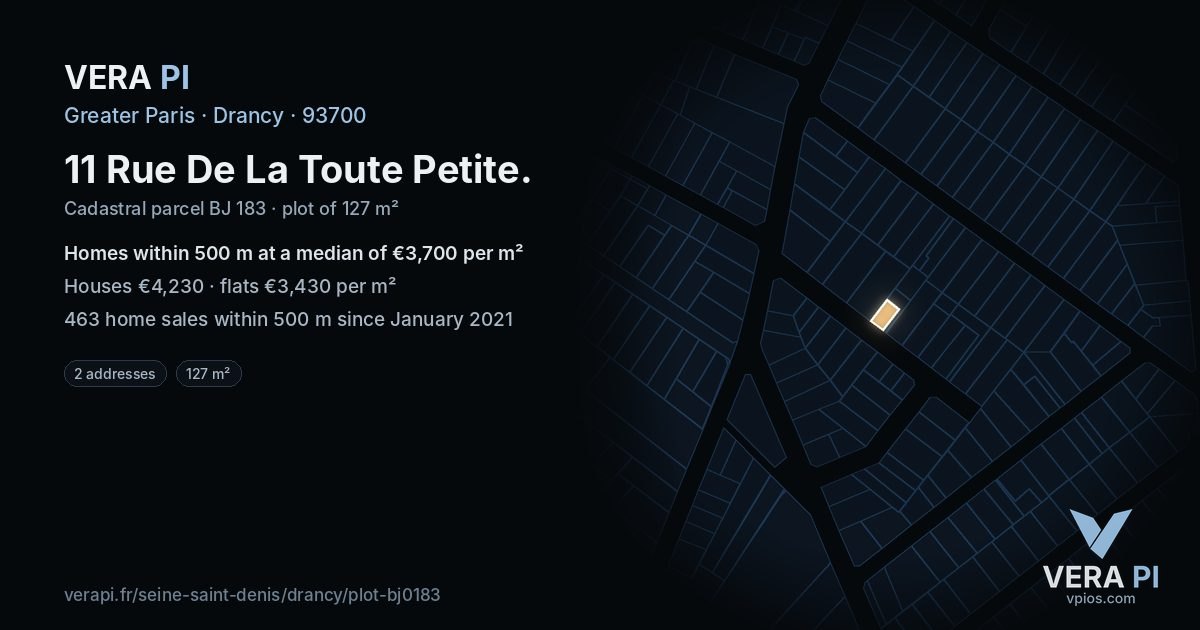 11 Rue De La Toute Petite, Drancy at night – the plot lit, the parcels around coloured by the prices near them