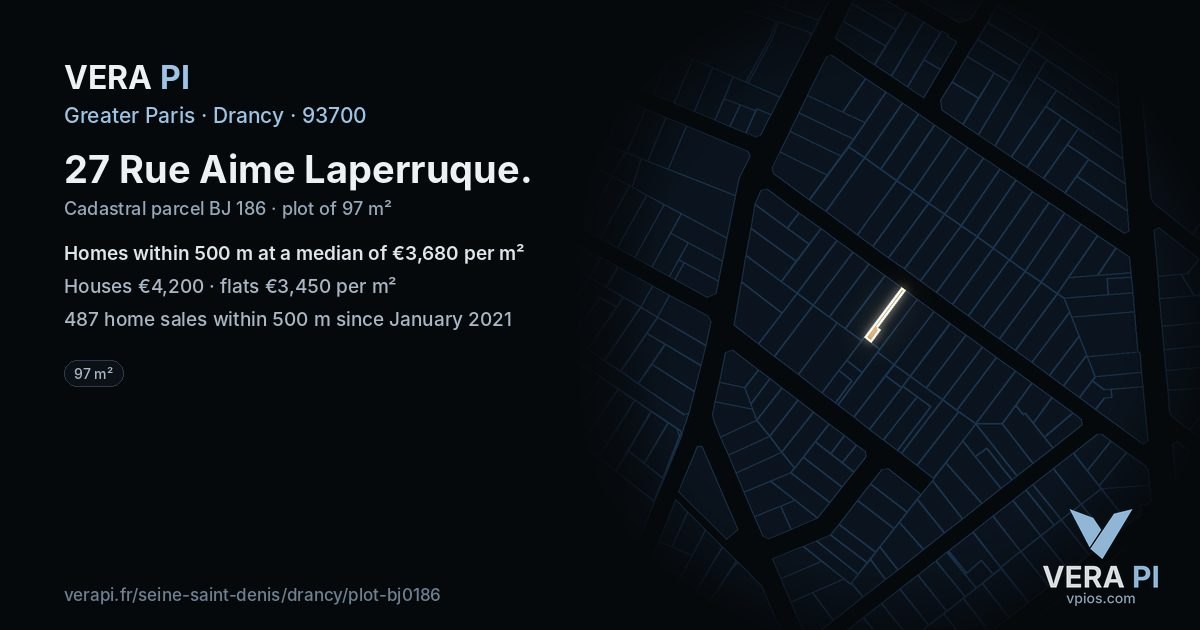 27 Rue Aime Laperruque, Drancy at night – the plot lit, the parcels around coloured by the prices near them