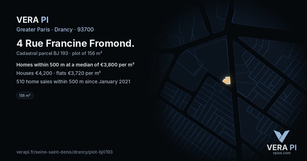 4 Rue Francine Fromond, Drancy at night – the plot lit, the parcels around coloured by the prices near them