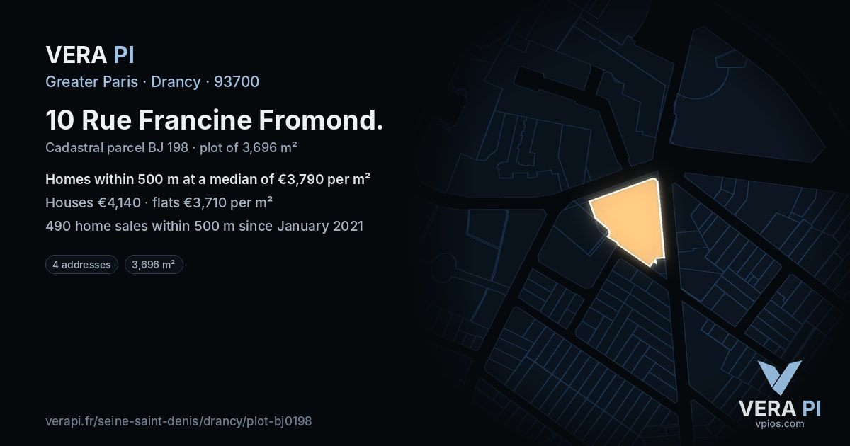 10 Rue Francine Fromond, Drancy at night – the plot lit, the parcels around coloured by the prices near them