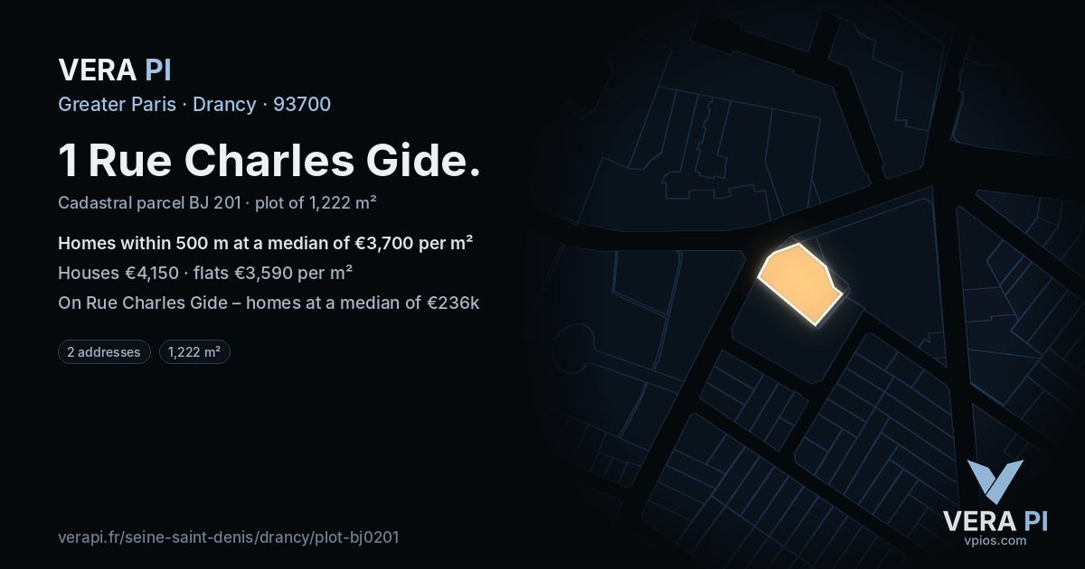 1 Rue Charles Gide, Drancy at night – the plot lit, the parcels around coloured by the prices near them