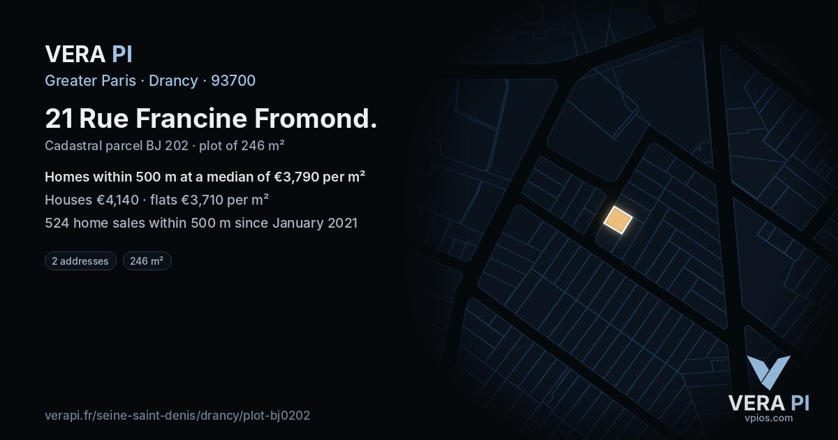 21 Rue Francine Fromond, Drancy at night – the plot lit, the parcels around coloured by the prices near them