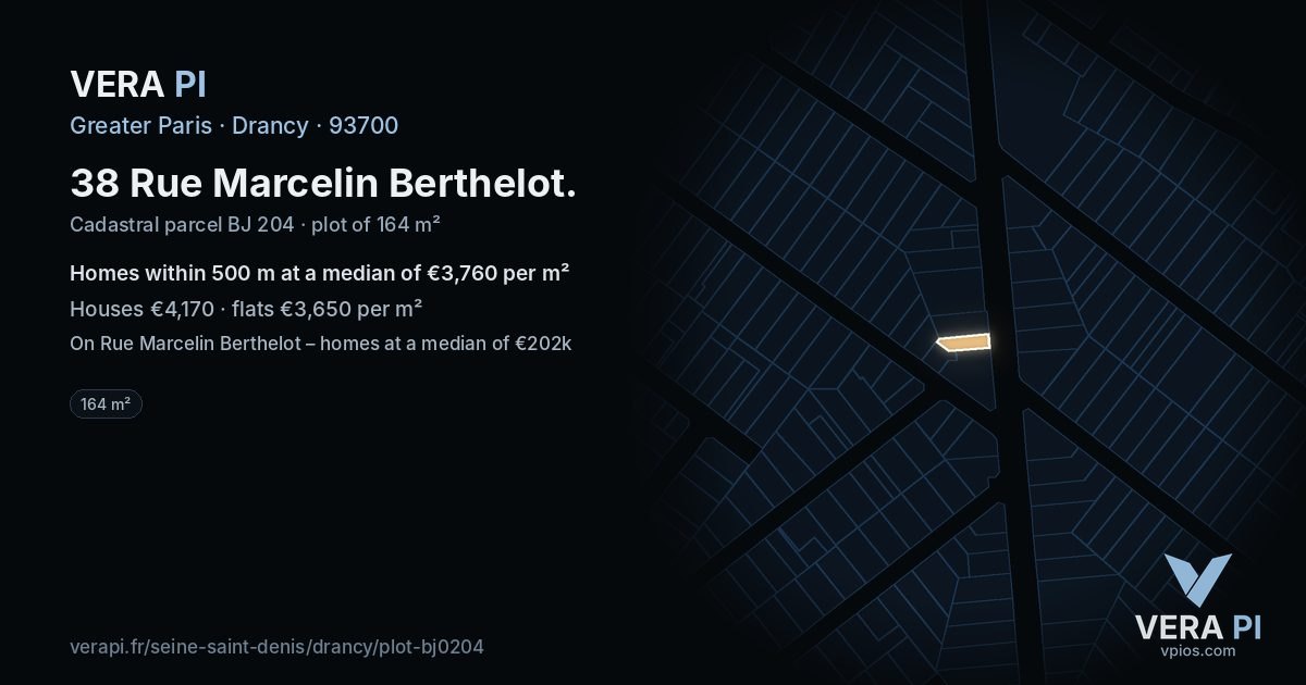 38 Rue Marcelin Berthelot, Drancy at night – the plot lit, the parcels around coloured by the prices near them