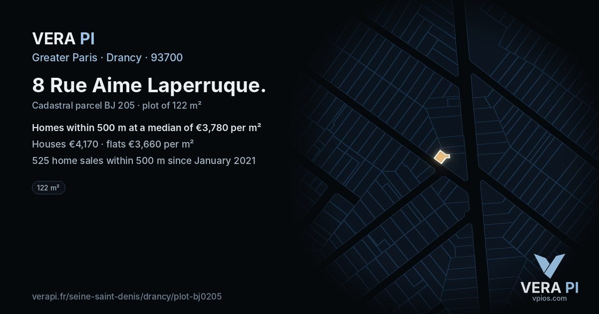8 Rue Aime Laperruque, Drancy at night – the plot lit, the parcels around coloured by the prices near them