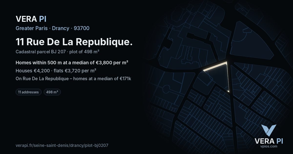 11 Rue De La Republique, Drancy at night – the plot lit, the parcels around coloured by the prices near them