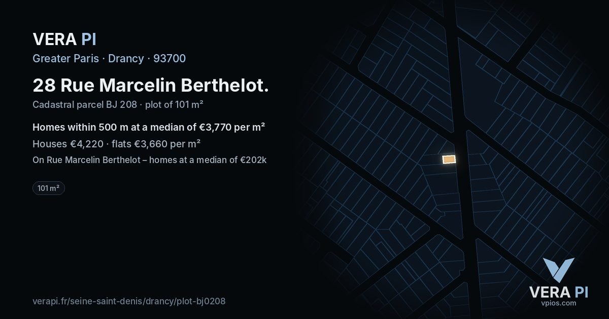 28 Rue Marcelin Berthelot, Drancy at night – the plot lit, the parcels around coloured by the prices near them