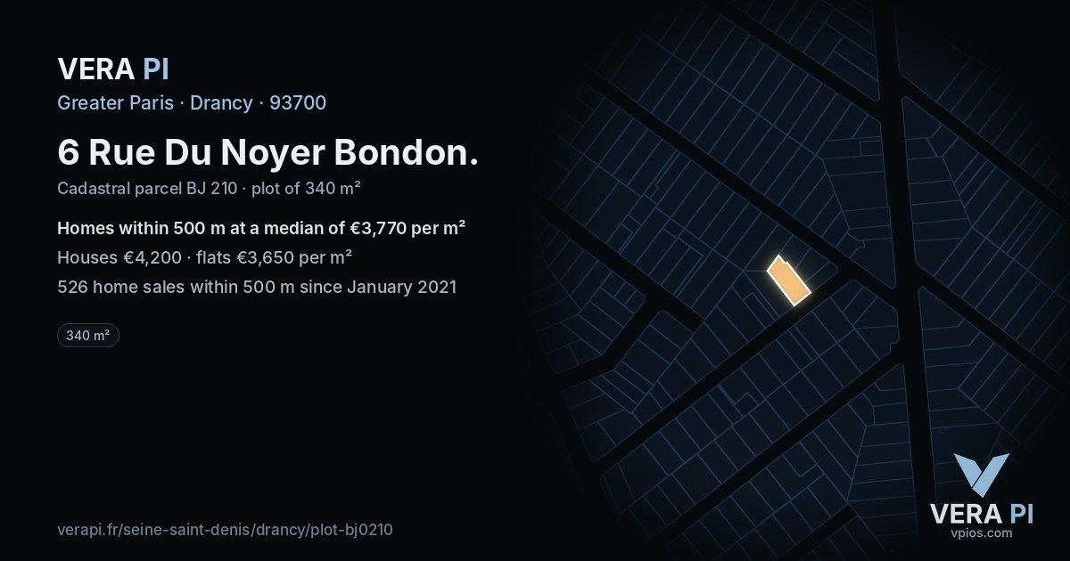 6 Rue Du Noyer Bondon, Drancy at night – the plot lit, the parcels around coloured by the prices near them