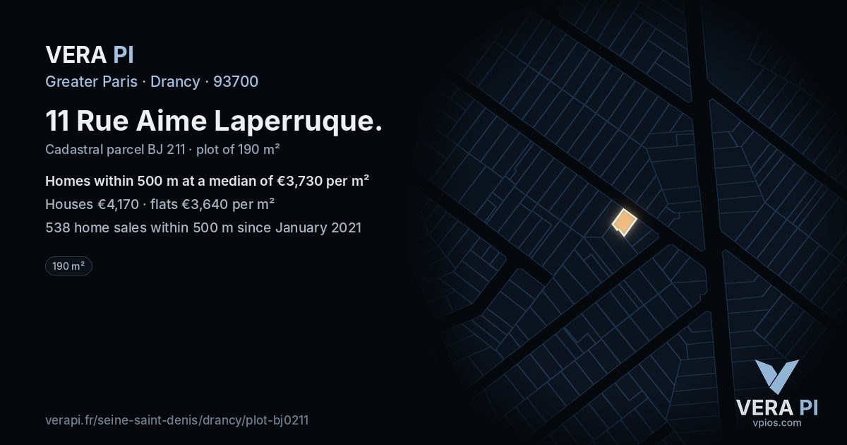 11 Rue Aime Laperruque, Drancy at night – the plot lit, the parcels around coloured by the prices near them