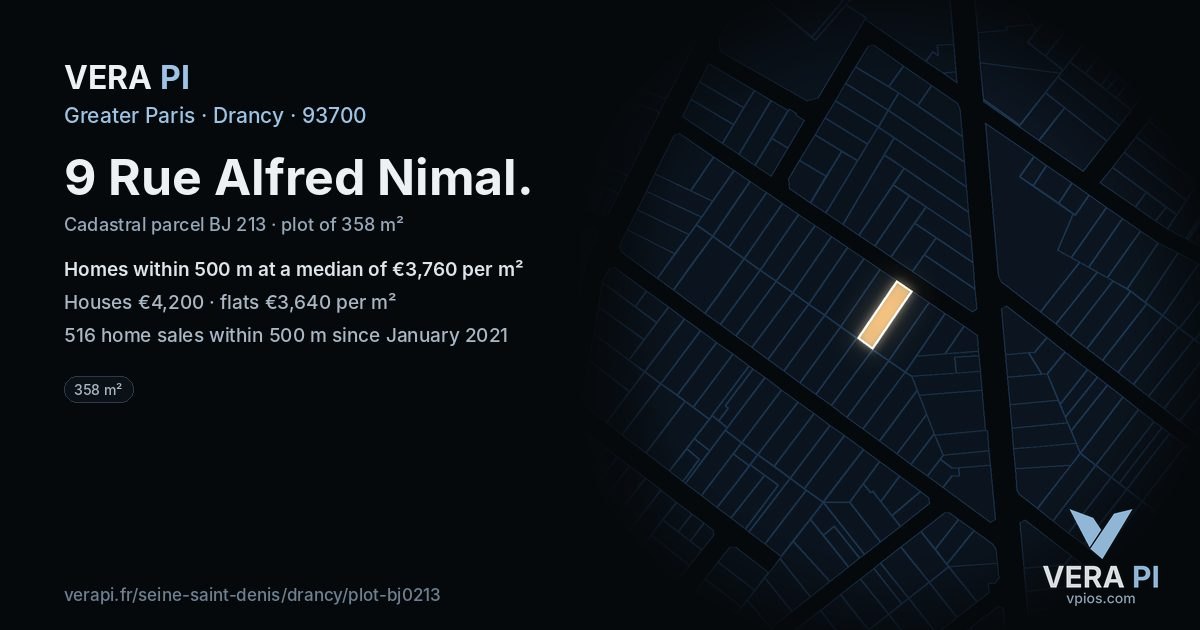 9 Rue Alfred Nimal, Drancy at night – the plot lit, the parcels around coloured by the prices near them