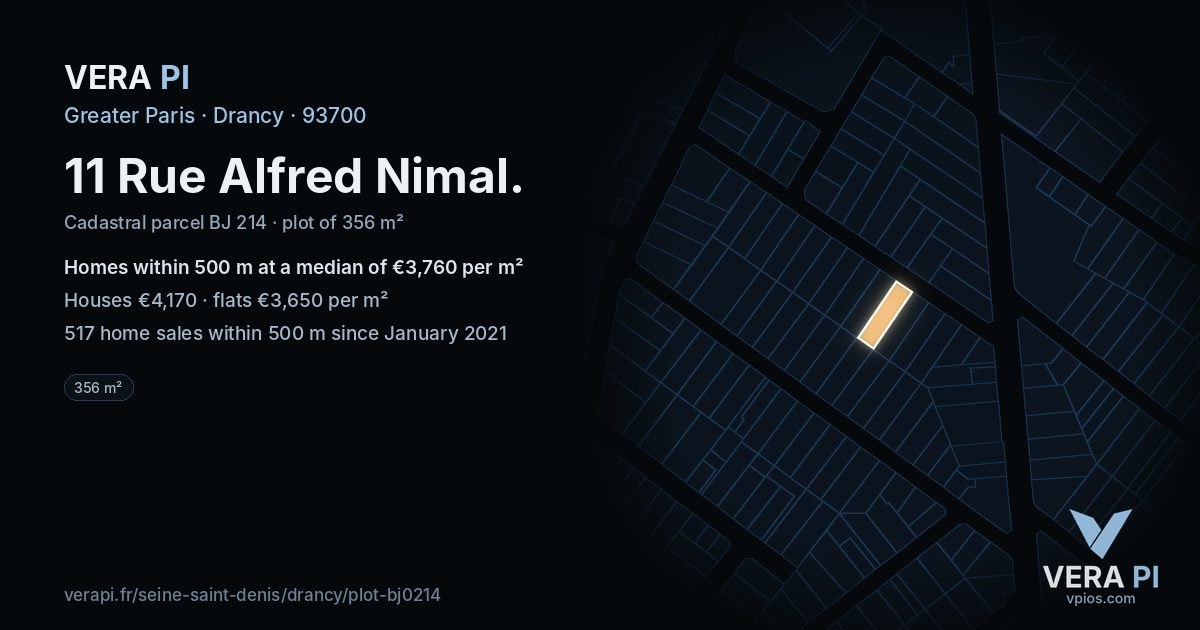 11 Rue Alfred Nimal, Drancy at night – the plot lit, the parcels around coloured by the prices near them