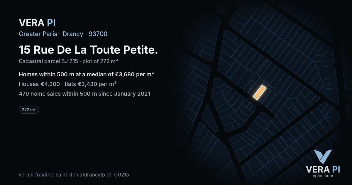 15 Rue De La Toute Petite, Drancy at night – the plot lit, the parcels around coloured by the prices near them
