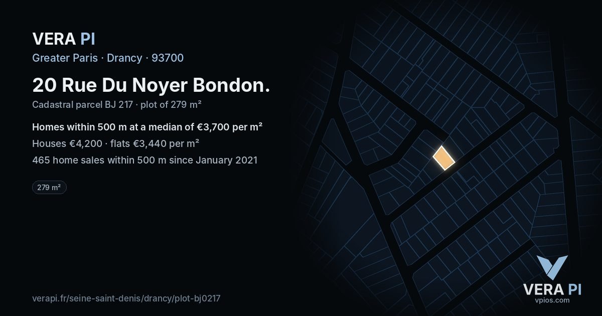 20 Rue Du Noyer Bondon, Drancy at night – the plot lit, the parcels around coloured by the prices near them