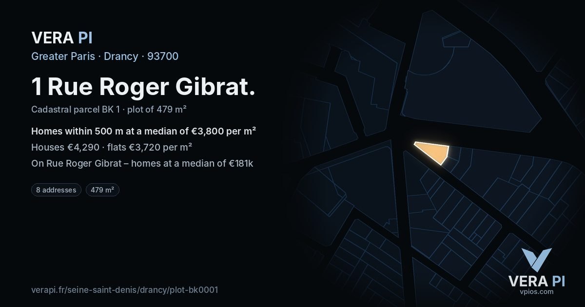 1 Rue Roger Gibrat, Drancy at night – the plot lit, the parcels around coloured by the prices near them