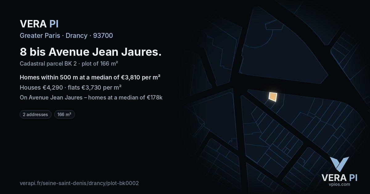 8 bis Avenue Jean Jaures, Drancy at night – the plot lit, the parcels around coloured by the prices near them