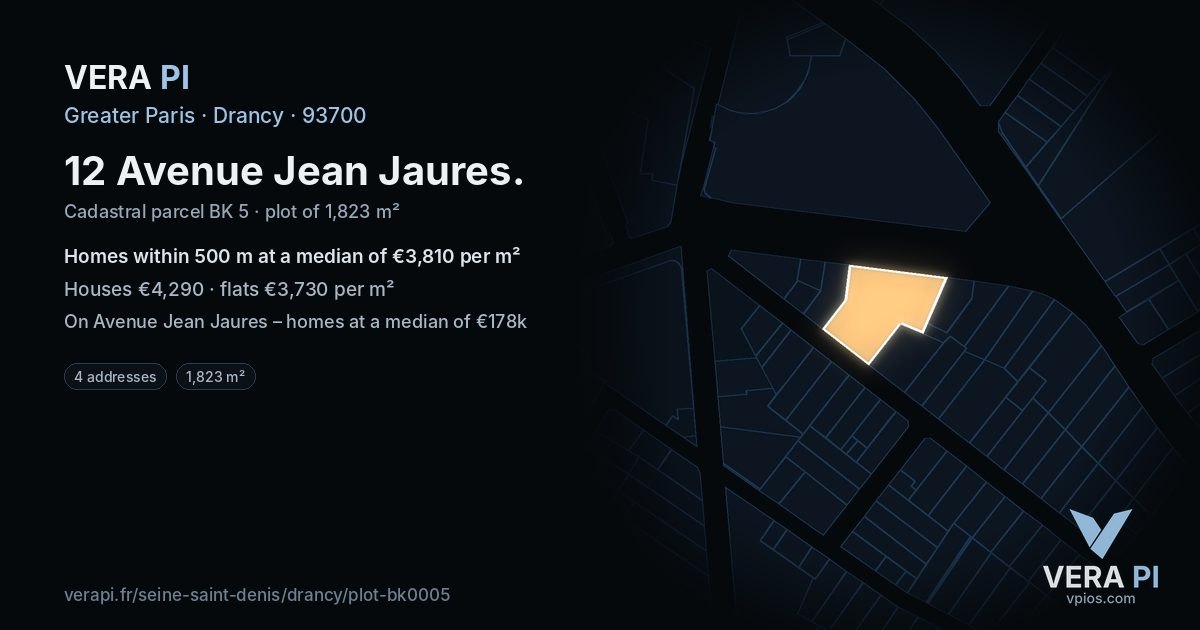 12 Avenue Jean Jaures, Drancy at night – the plot lit, the parcels around coloured by the prices near them