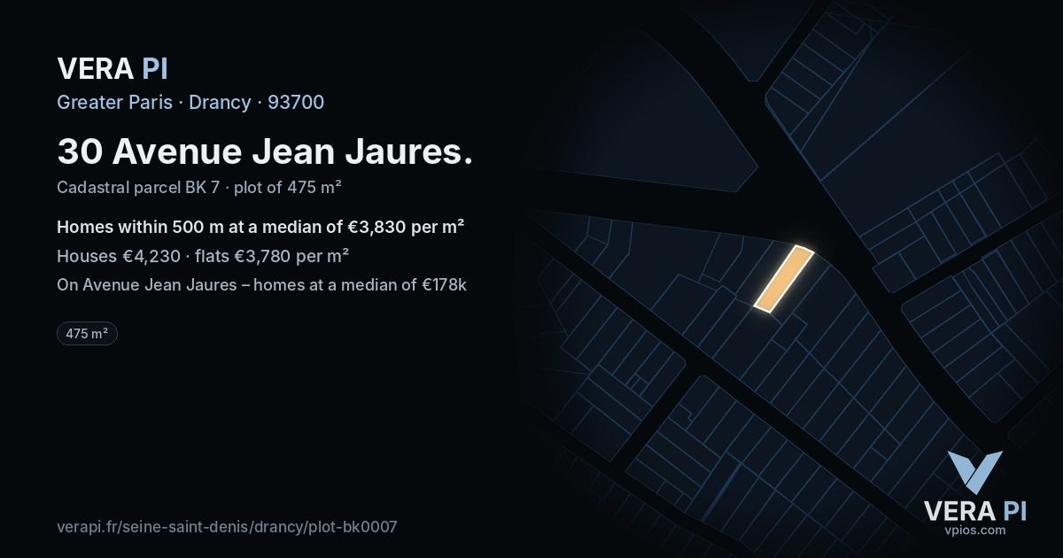30 Avenue Jean Jaures, Drancy at night – the plot lit, the parcels around coloured by the prices near them