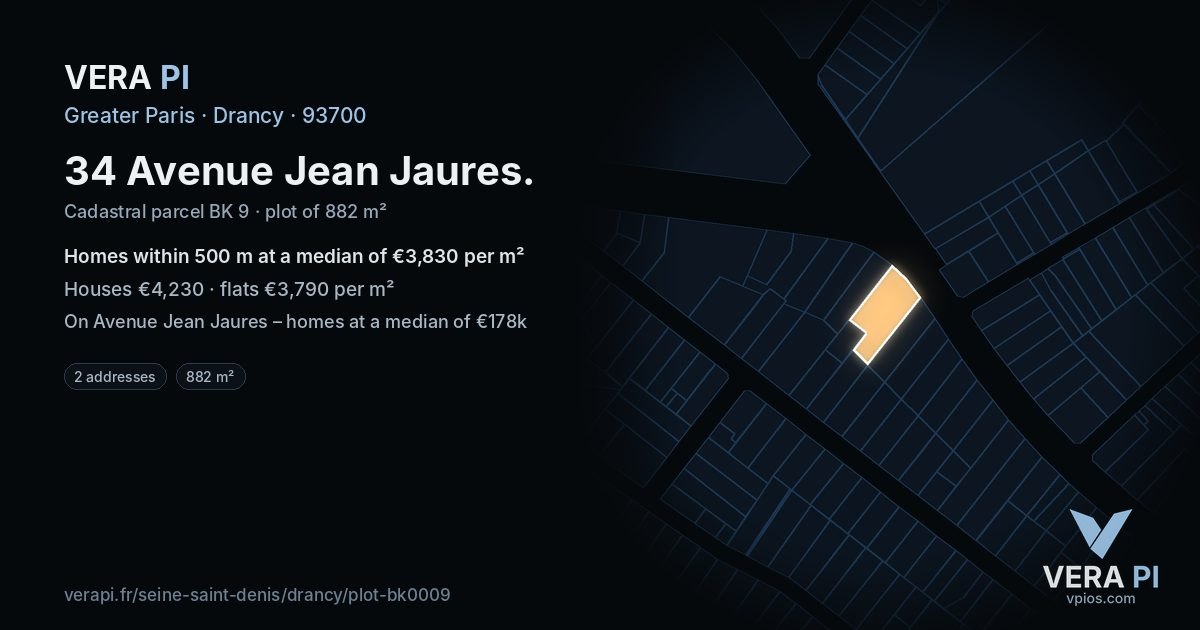 34 Avenue Jean Jaures, Drancy at night – the plot lit, the parcels around coloured by the prices near them