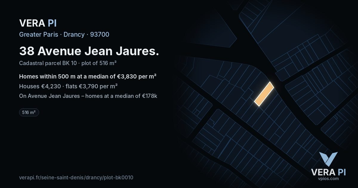 38 Avenue Jean Jaures, Drancy at night – the plot lit, the parcels around coloured by the prices near them