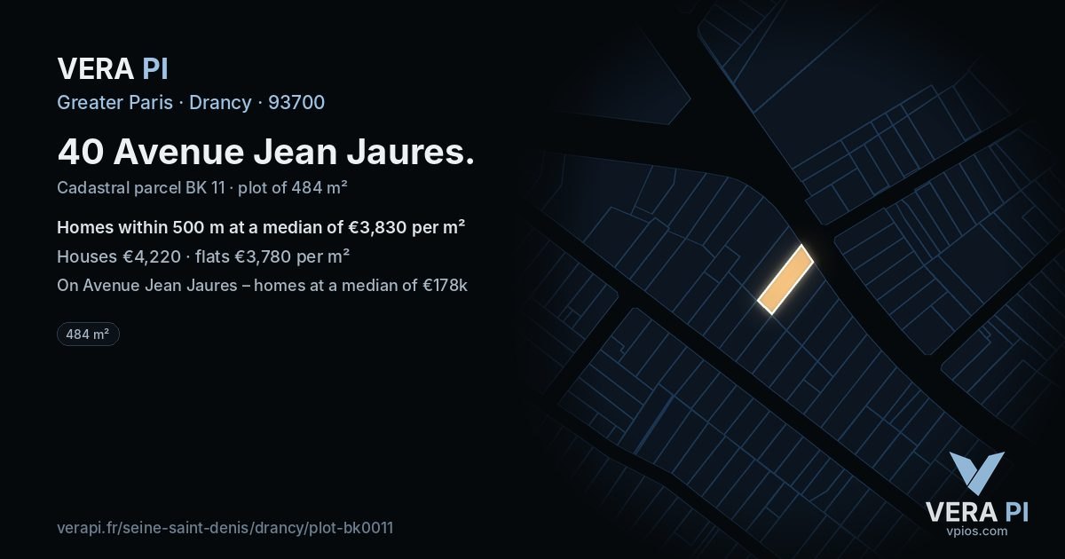 40 Avenue Jean Jaures, Drancy at night – the plot lit, the parcels around coloured by the prices near them