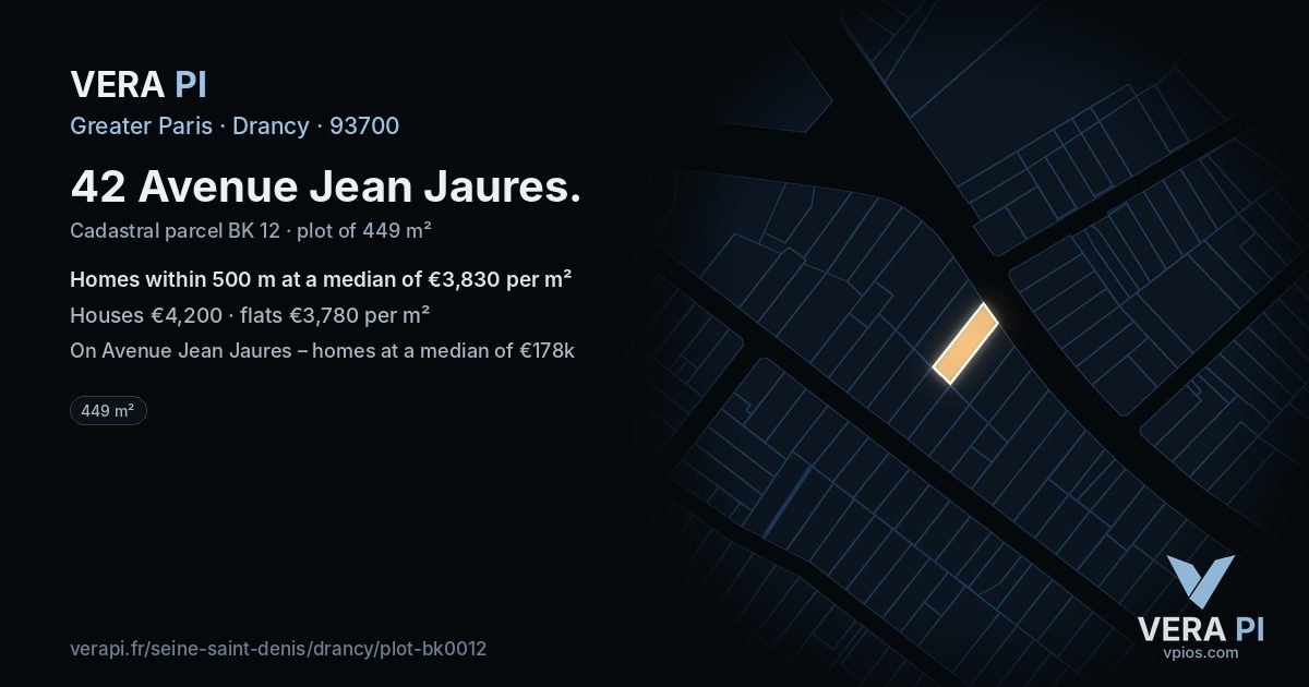 42 Avenue Jean Jaures, Drancy at night – the plot lit, the parcels around coloured by the prices near them