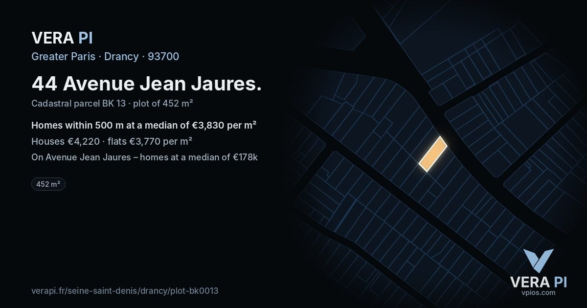 44 Avenue Jean Jaures, Drancy at night – the plot lit, the parcels around coloured by the prices near them