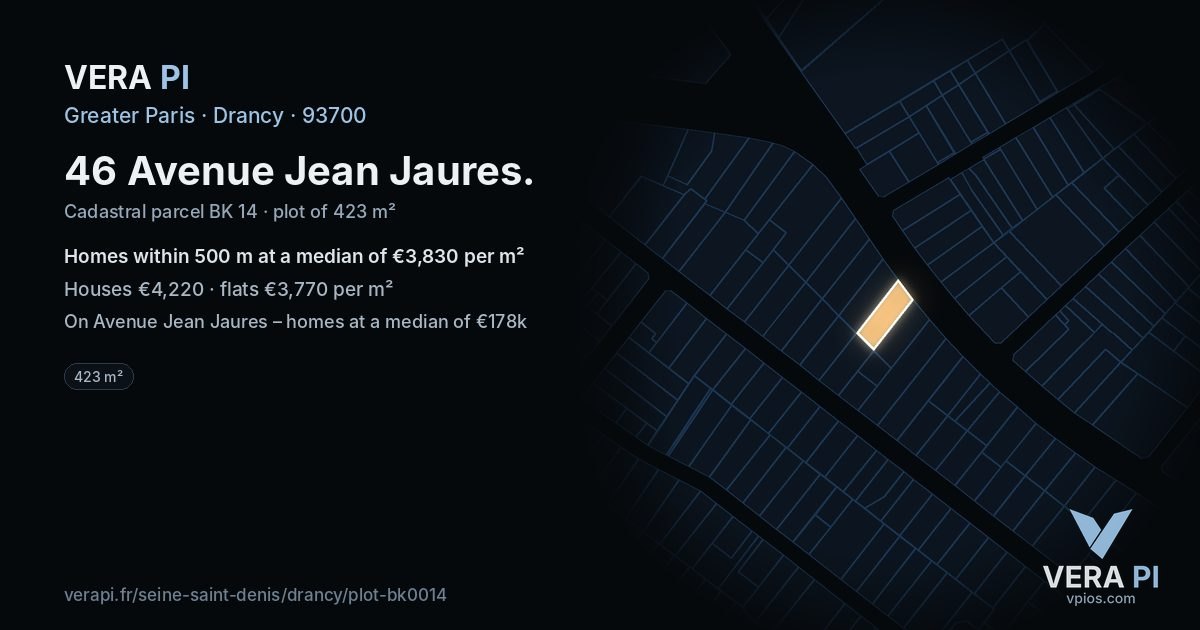 46 Avenue Jean Jaures, Drancy at night – the plot lit, the parcels around coloured by the prices near them