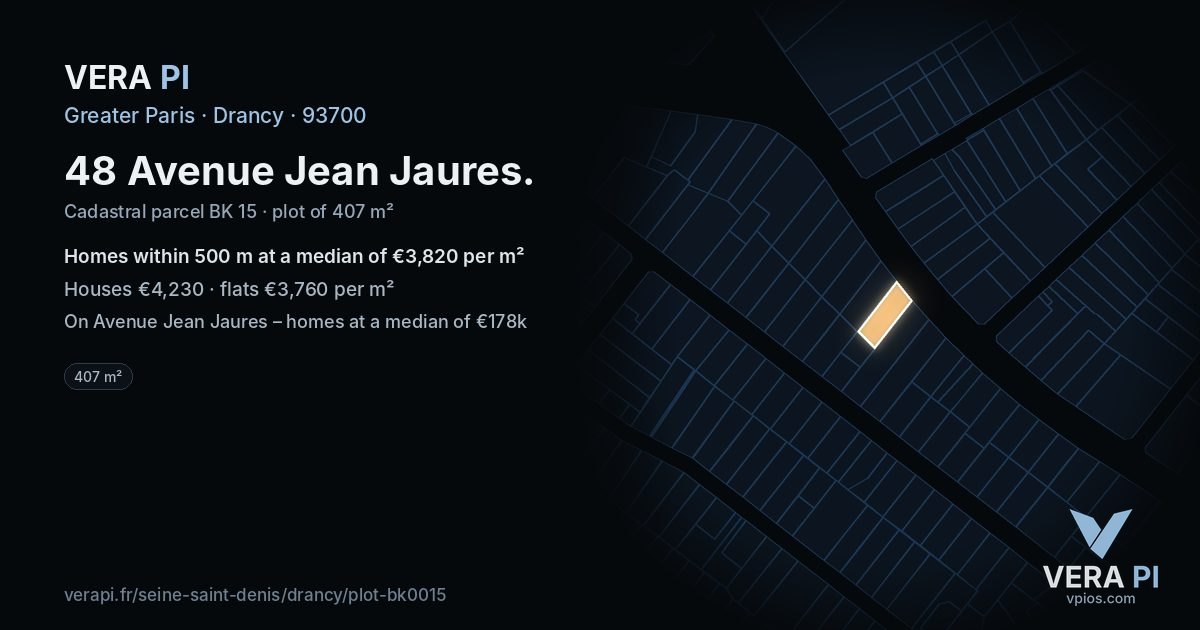 48 Avenue Jean Jaures, Drancy at night – the plot lit, the parcels around coloured by the prices near them